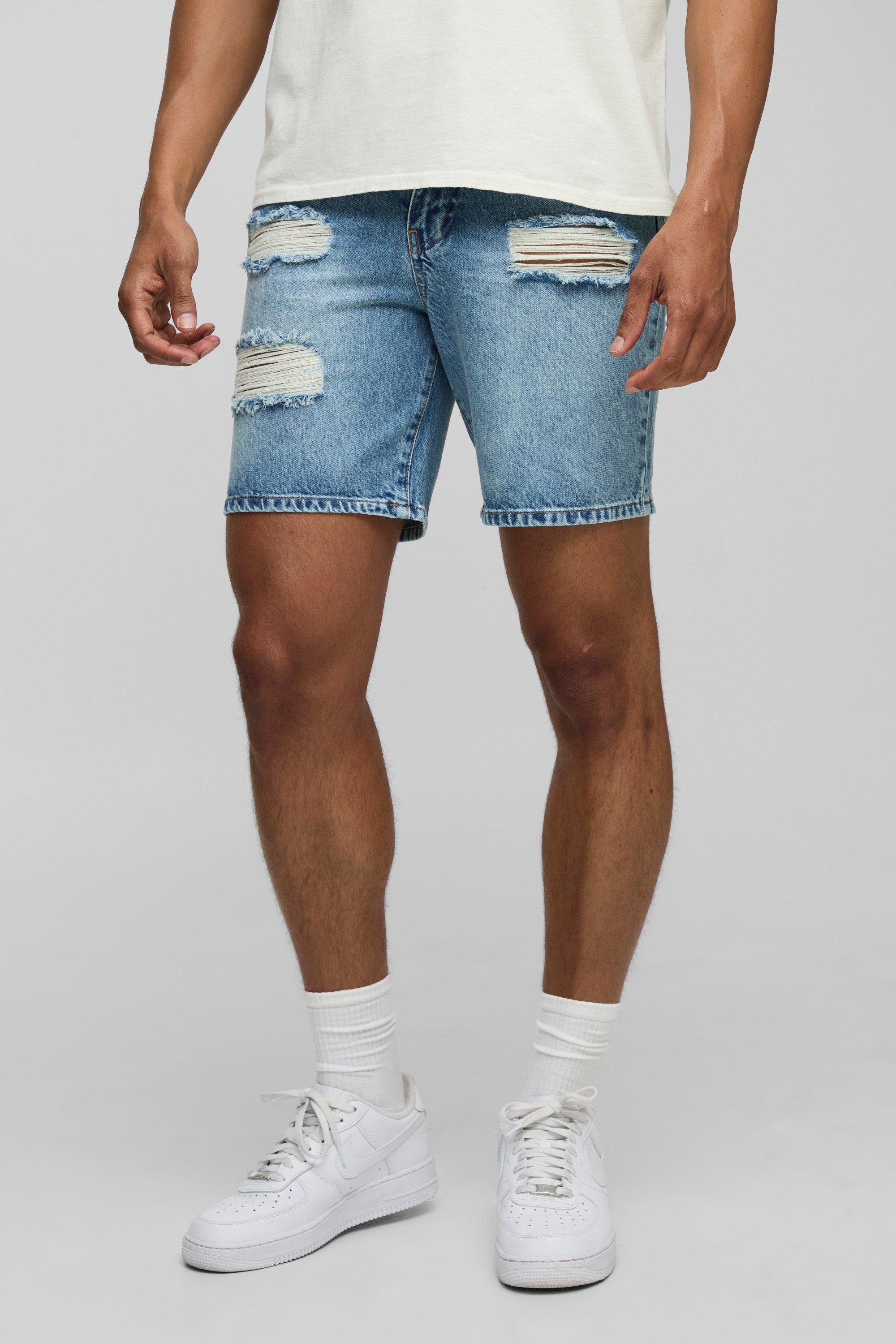 Slim Fit Ripped Washed Blue Denim Shorts
